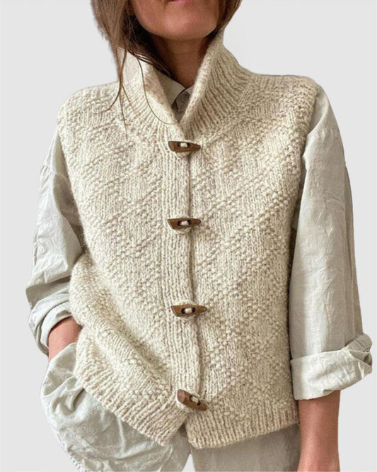 Kim – Women's Knitted Wool Button-Up Vest - with High Collar Design