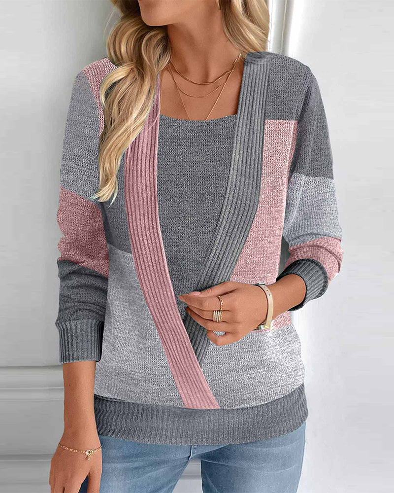 Julie – Women's Colorblock Long Sleeves Knit Sweater with Faux 2-in-1 Design