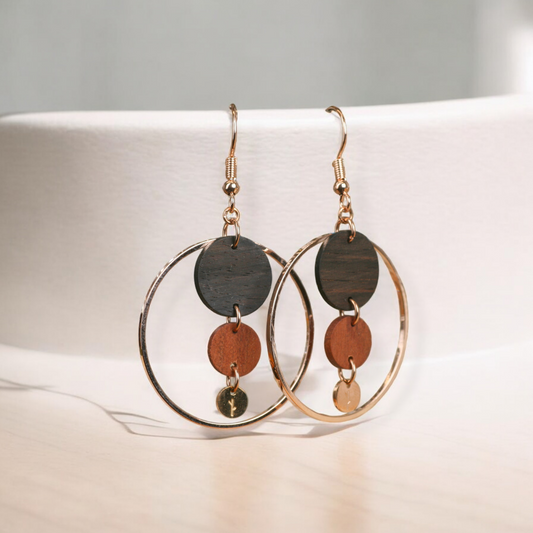 Georgina – Women's Bohemian Dangle Earrings with Layered Wooden Discs and Gold Hoop Accents