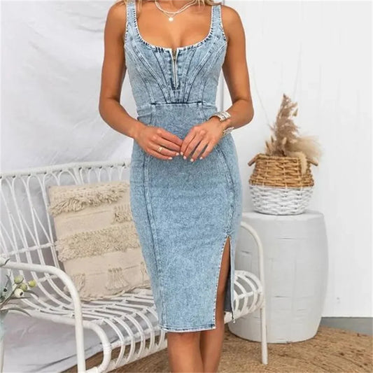 Christine – Women's Sleeveless Retro Denim Bodycon Dress