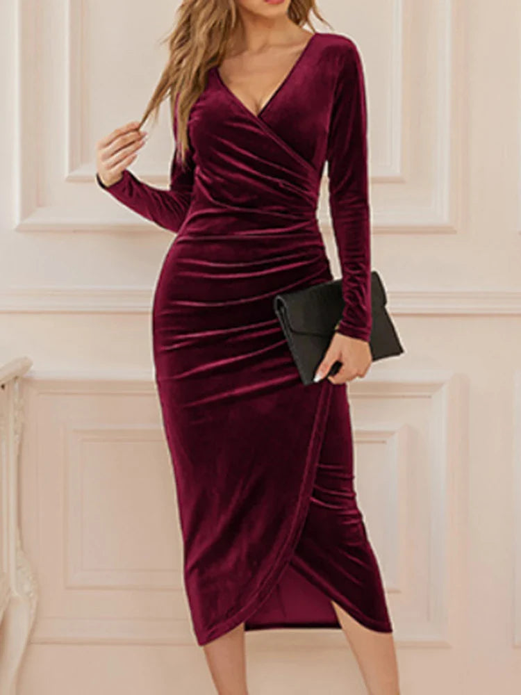 Natalie – Women's Velvet Long-Sleeve Midi Dress