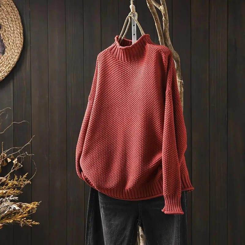 Grace – Women's Oversized Knit Turtleneck Sweater – Vintage Textured Design