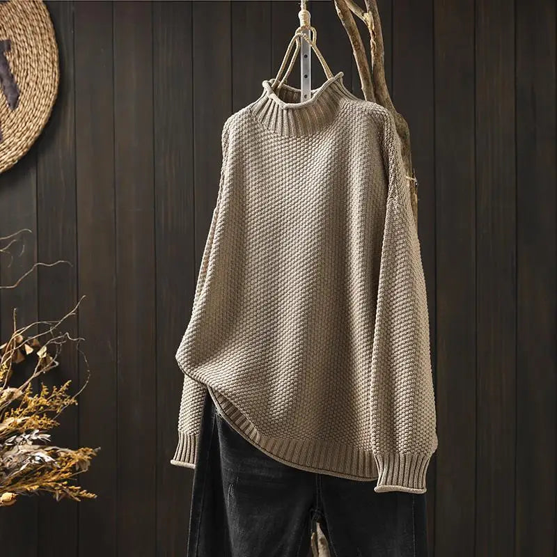 Grace – Women's Oversized Knit Turtleneck Sweater – Vintage Textured Design