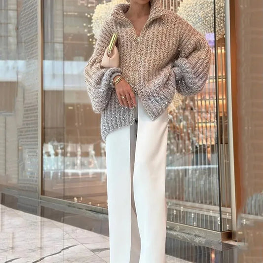 Joy – Elegant Lantern Sleeve Knitted Cardigan For Women