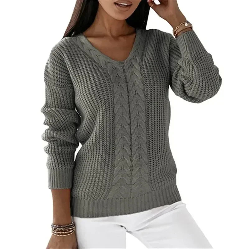 Shirley – Women's V-Neck Long-Sleeve Sleeve Cable Knit Sweater