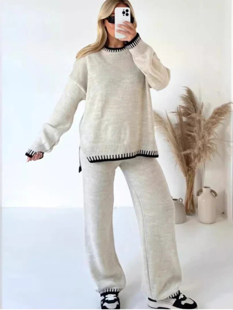 Sophia – Women's Two-Piece Knit Lounge Set with Contrast Trim and Oversized Fit