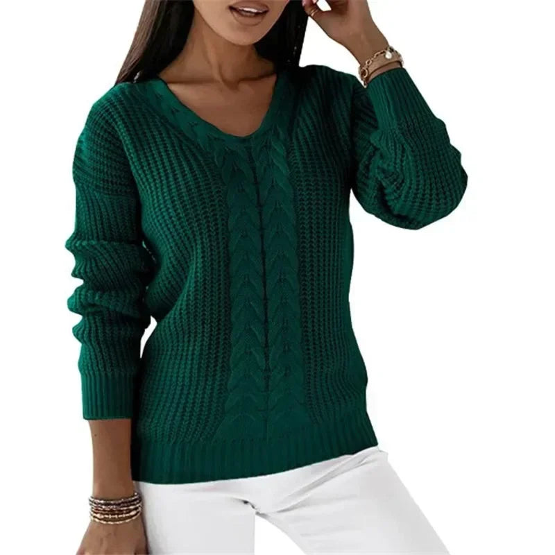 Shirley – Women's V-Neck Long-Sleeve Sleeve Cable Knit Sweater