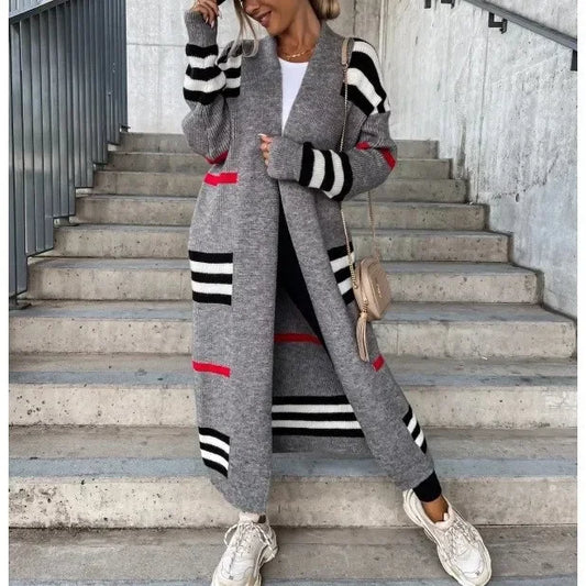 Robyn – Women's Long Knit Cardigan with Stripes