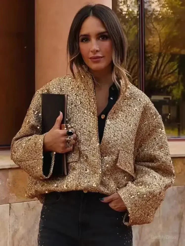 Kelly – Women's Gold  Sequin Bomber Jacket