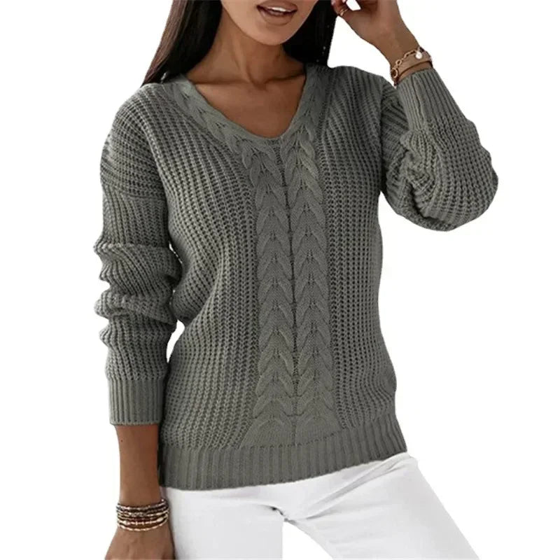 Shirley – Women's V-Neck Long-Sleeve Sleeve Cable Knit Sweater