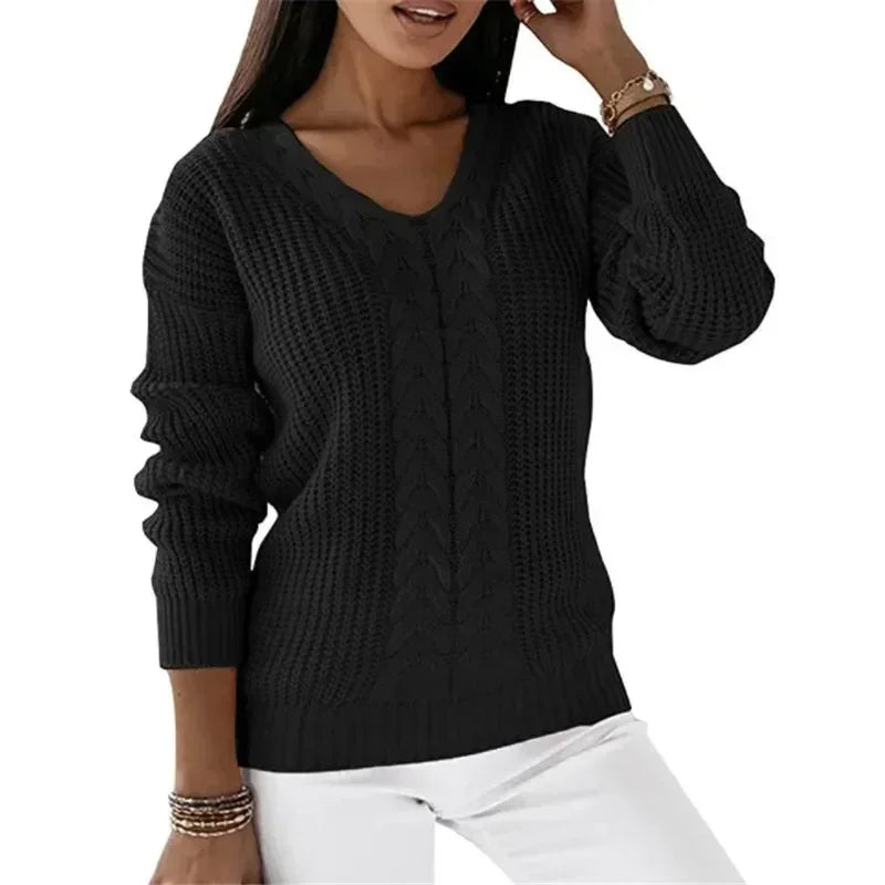 Shirley – Women's V-Neck Long-Sleeve Sleeve Cable Knit Sweater