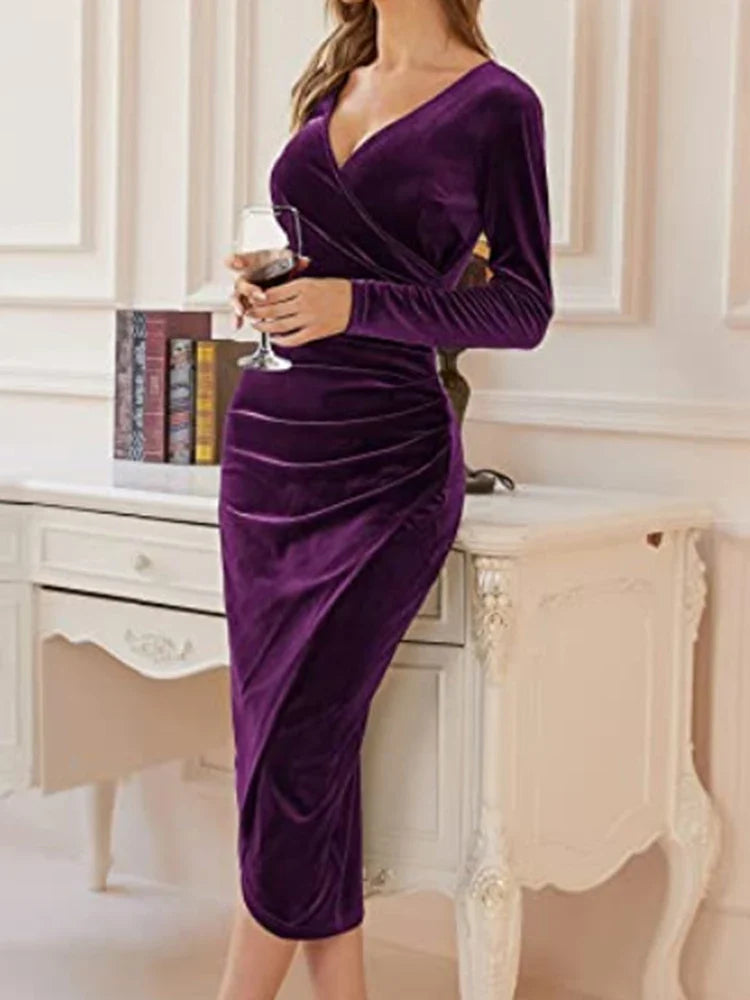 Natalie – Women's Velvet Long-Sleeve Midi Dress