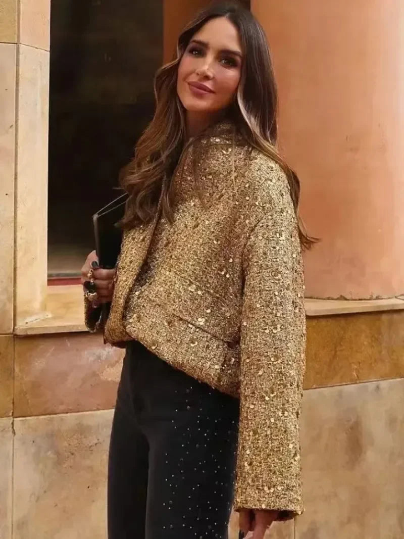 Kelly – Women's Gold  Sequin Bomber Jacket