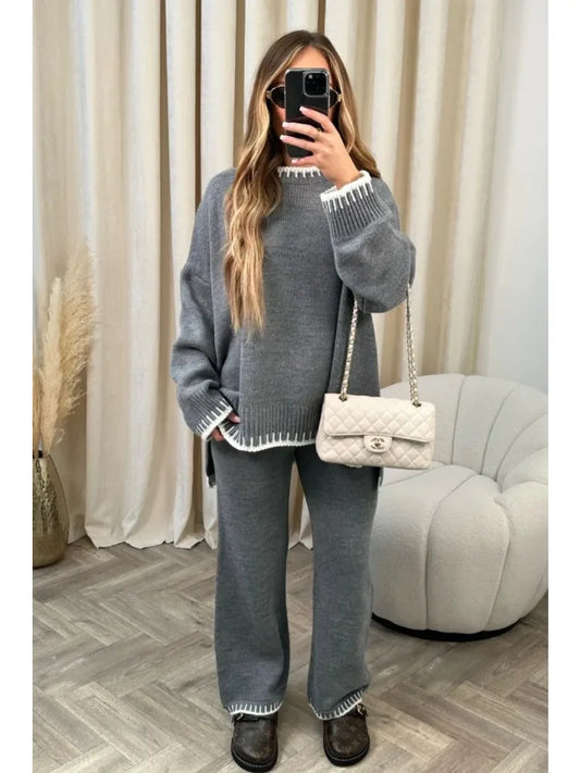 Sophia – Women's Two-Piece Knit Lounge Set with Contrast Trim and Oversized Fit