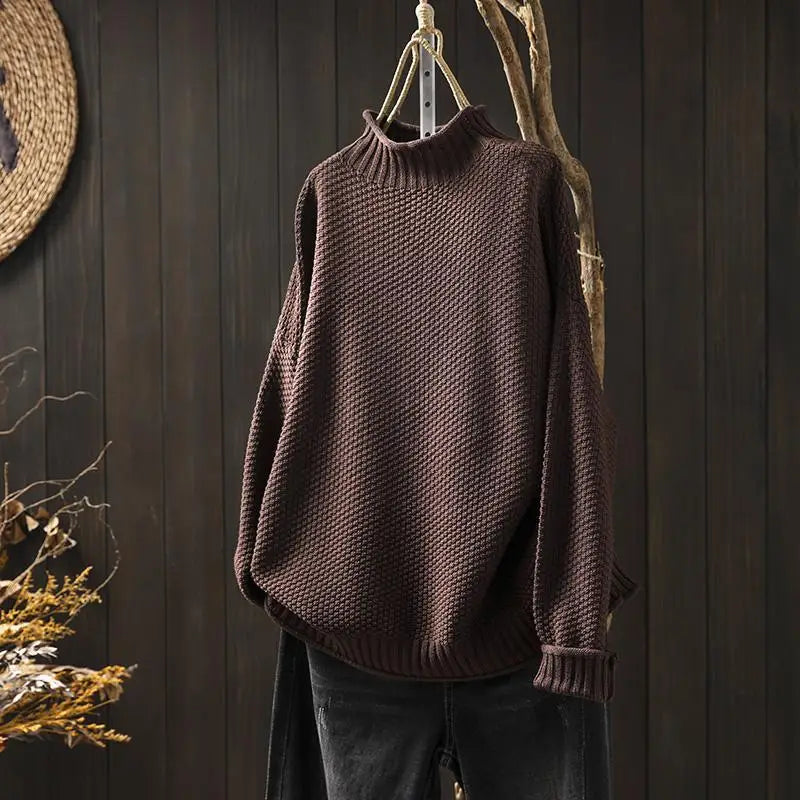 Grace – Women's Oversized Knit Turtleneck Sweater – Vintage Textured Design