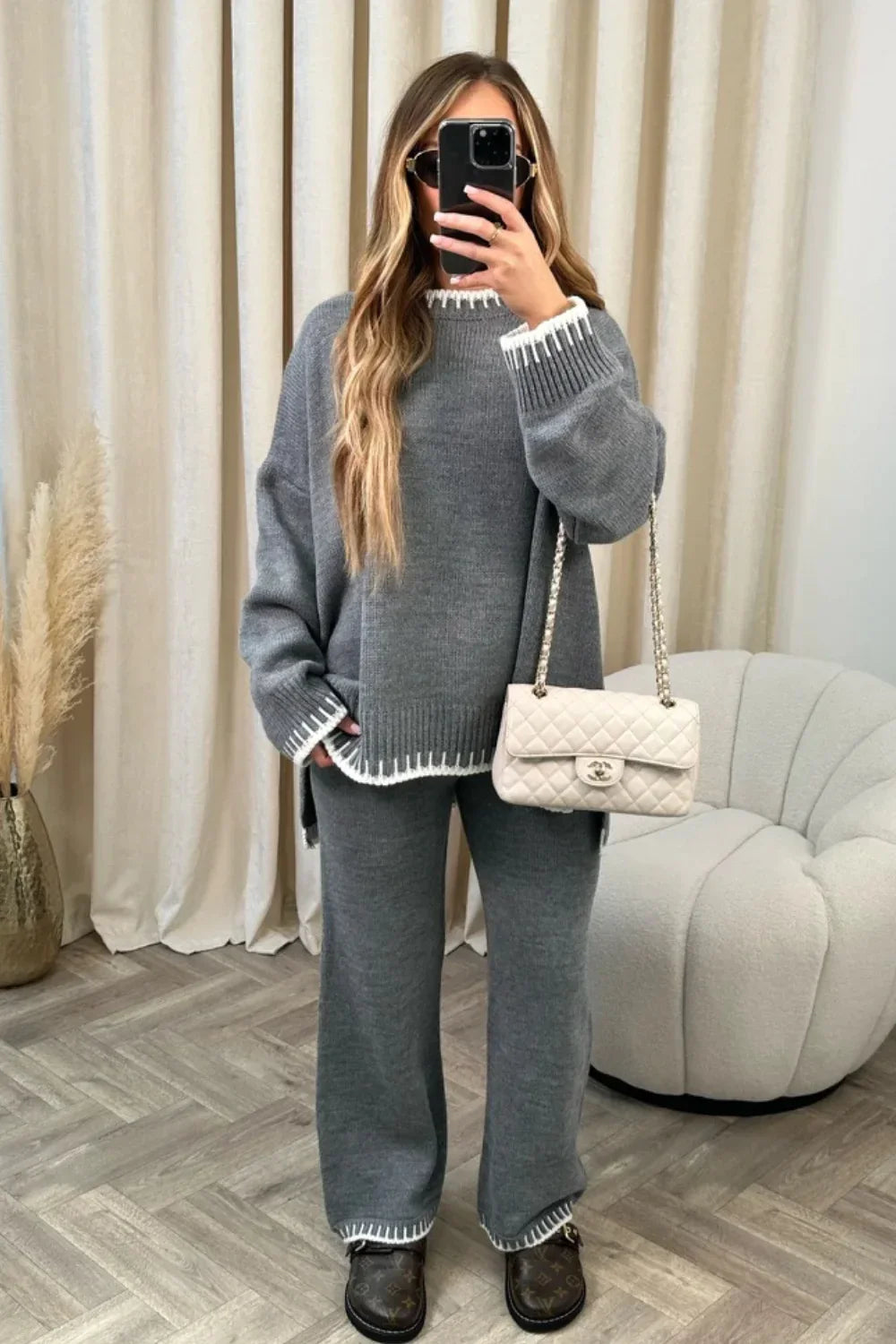 Sophia – Women's Two-Piece Knit Lounge Set with Contrast Trim and Oversized Fit