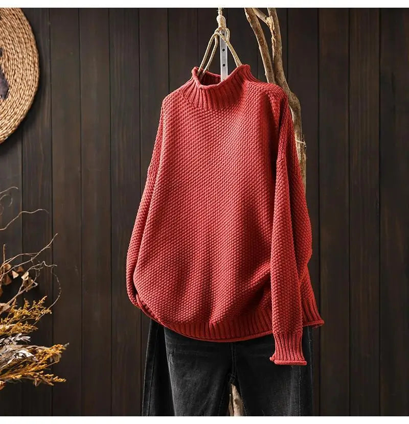 Grace – Women's Oversized Knit Turtleneck Sweater – Vintage Textured Design