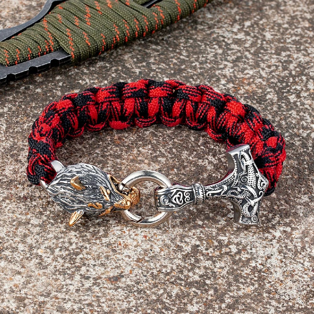 Allen – Men's Viking Paracord Bracelet with Thor's Hammer and Wolf Head Clasp – Norse Mythology-Inspired Design