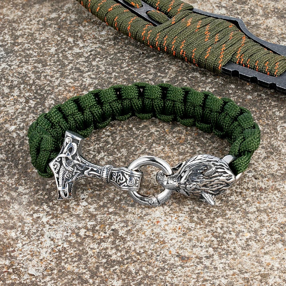 Allen – Men's Viking Paracord Bracelet with Thor's Hammer and Wolf Head Clasp – Norse Mythology-Inspired Design